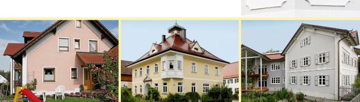 Gebäude links mit Silikatanstrich, Gebäude in der mitte mit Silikonharzanstrich, Gebäude rechts mit Silikatanstrich !